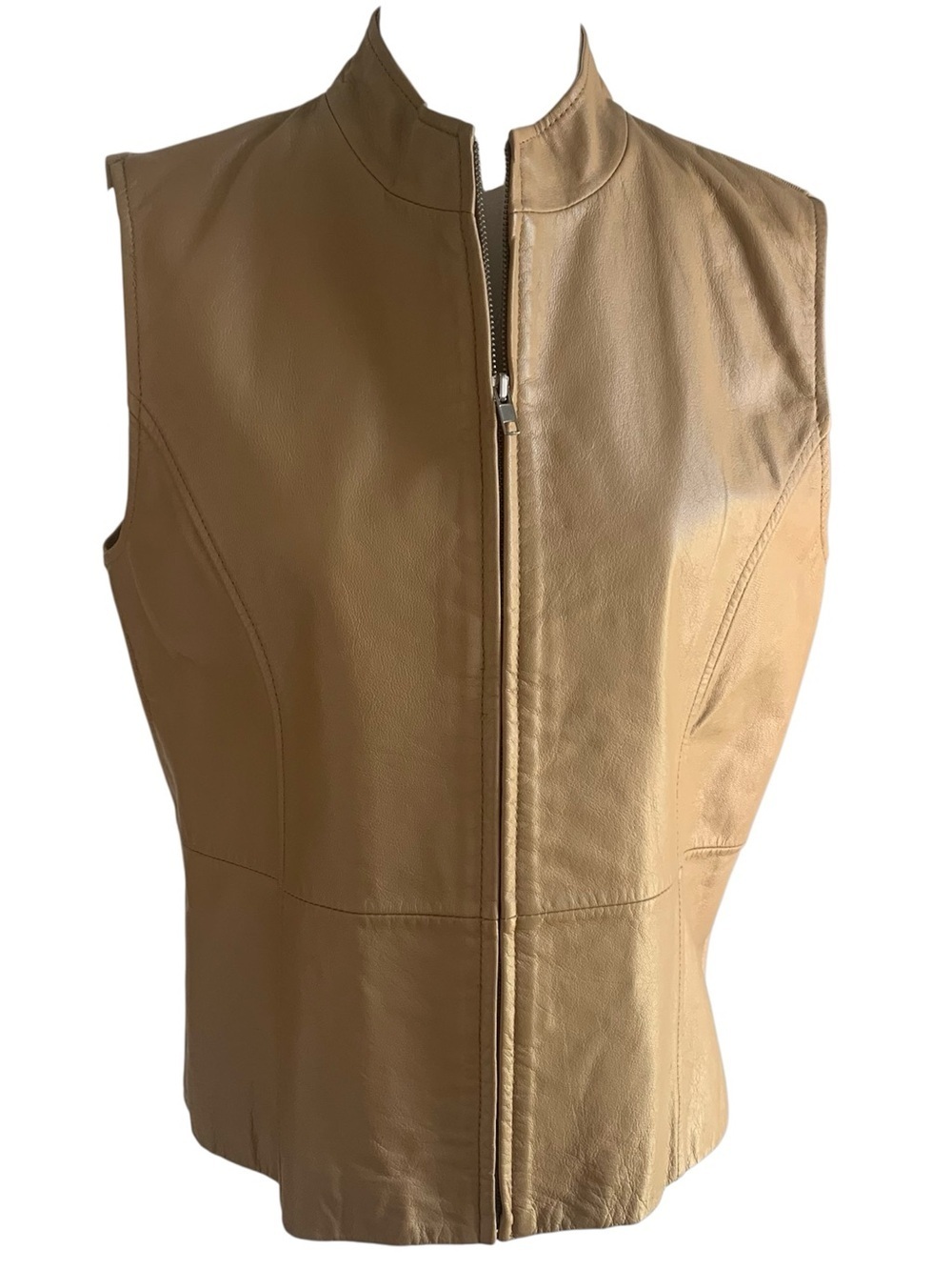Peter Nygard Vest Genuine Leather Panel Silk Knit Back Vintage Old Money Camel M - Picture 3 of 10